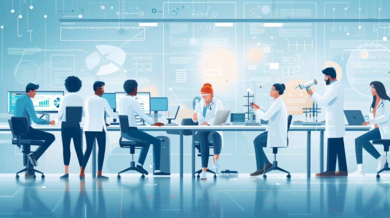 Illustrated team of scientists around a table with data visualized on the wall.
