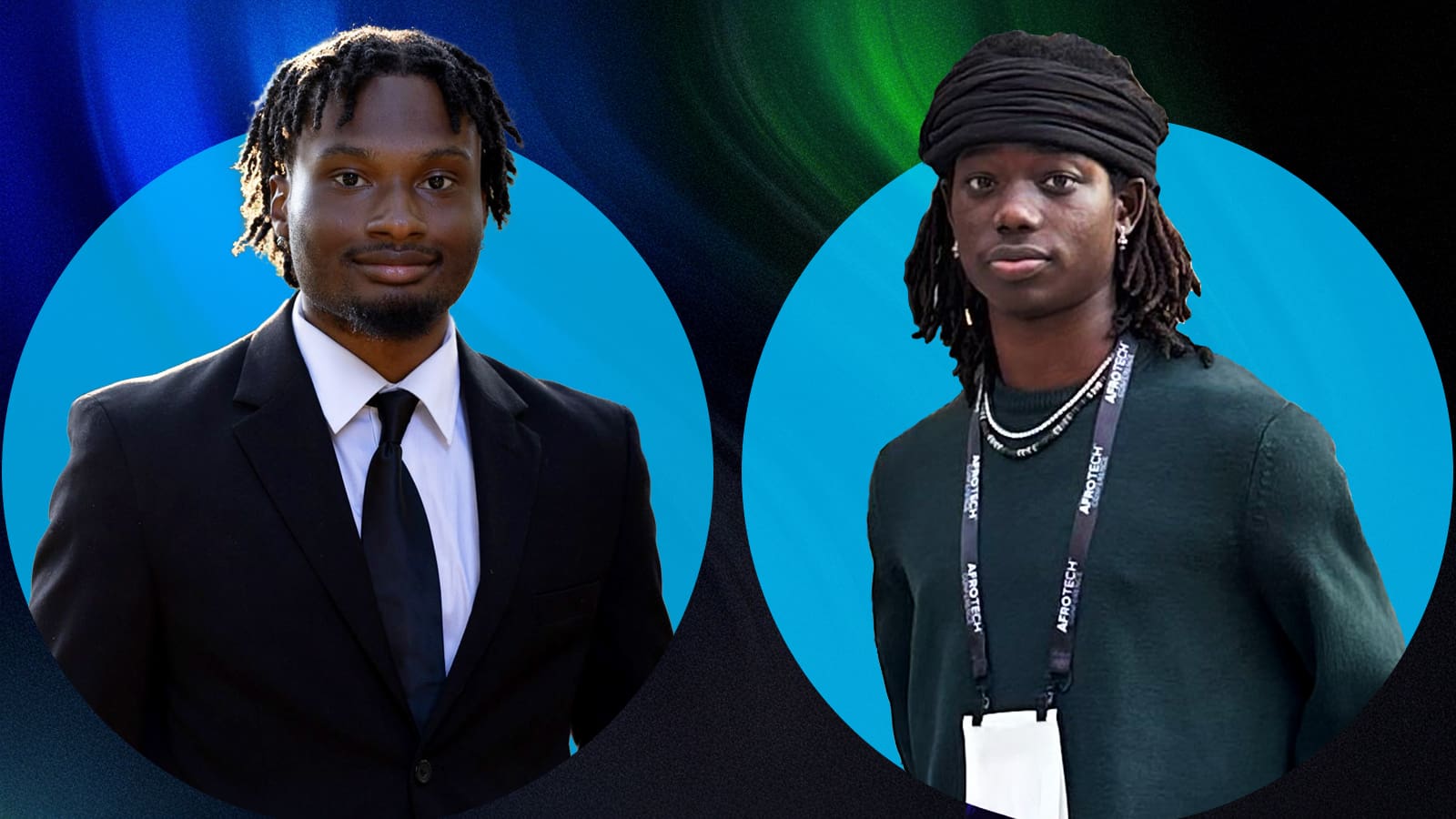 Portraits of Abiola Boloaji and Matthew Okechukwu with blue background.